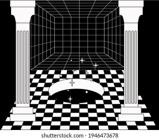 Surreal room interior with a checkerboard floor and pillars. Trendy pop art psychedelic style illustration.