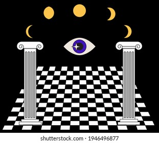 Surreal room interior with a checkerboard floor and pillars. Trendy pop art psychedelic style illustration.