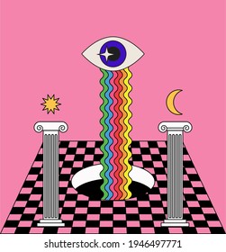 Surreal room interior with a checkerboard floor and pillars. Trendy pop art psychedelic style illustration.