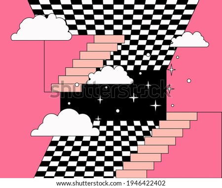 Surreal room interior with a checkerboard floor and stairs. Trendy pop art psychedelic style illustration.