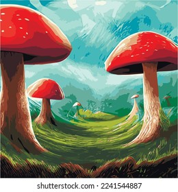 Surreal rowing landscape vector illustration. Enchanted forest with mushrooms magic. meadow with colorful mushrooms fantasy style. Beautiful magic mushrooms lost forest and fireflies background fog 