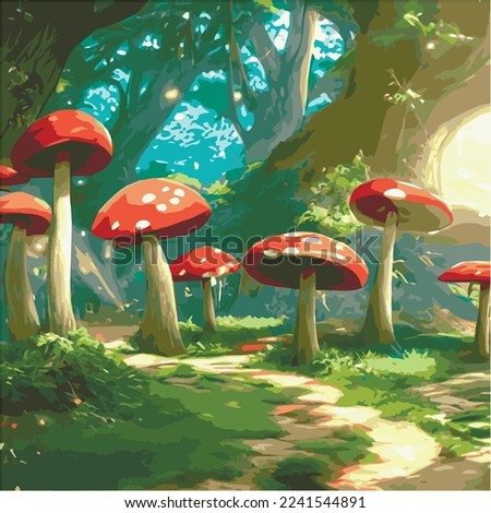 Surreal rowing landscape vector illustration. Enchanted forest with mushrooms magic. meadow with colorful mushrooms fantasy style. Beautiful magic mushrooms lost forest and fireflies background fog  商業照片 © 