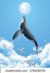 Surreal scene of humpback whale breaching above clouds and reaching the silver moon, 3d illustration