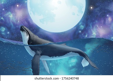 Surreal scene of humpback whale spy hopping to watch the silver super moon in the mysterious cosmos, 3d illustration