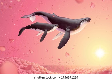 Surreal scene of humpback whales swimming in romantic floral fields, 3d illustration