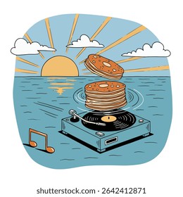 Surreal scene of pancakes stacked on a record player in the ocean at sunrise. Music note floats nearby.
