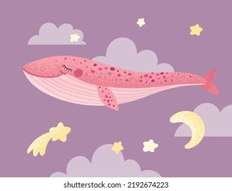 Surreal scene of pink whale swimming in the starry sky. Vector fantasy illustration