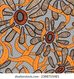 Obra artística surrealista y sin fisuras con flores dibujadas a mano y patrones de salida