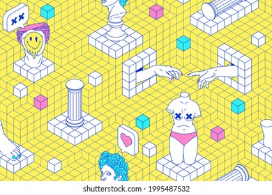 Surreal seamless pattern with cubes, ancient sculptures, columns, stairs, steps, labyririnth, secrets and emoji. Vector background in trendy psychedelic weird cartoon style.