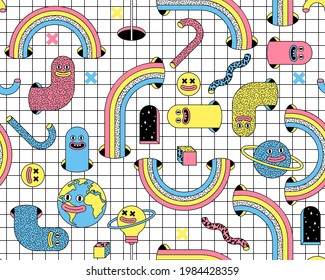 Surreal seamless pattern with emoji, rainbow, arch, space etc. Vector background in trendy psychedelic weird cartoon style.