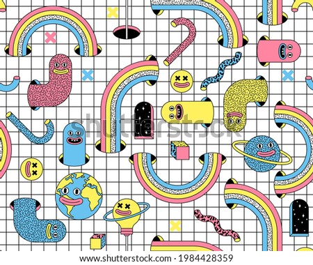 Surreal seamless pattern with emoji, rainbow, arch, space etc. Vector background in trendy psychedelic weird cartoon style.