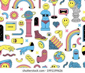 Surreal seamless pattern with sculpture, emoji, rainbow, arch, space, stairs etc. Vector background in trendy psychedelic weird cartoon style.