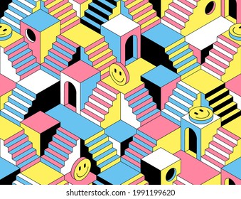 Surreal seamless pattern with stairs, steps, labyririnth, secrets and emoji. Vector background in trendy psychedelic weird cartoon style.