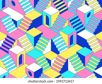 Surreal seamless pattern with stairs, steps, labyririnth, secrets and arch. Vector background in trendy psychedelic weird style.