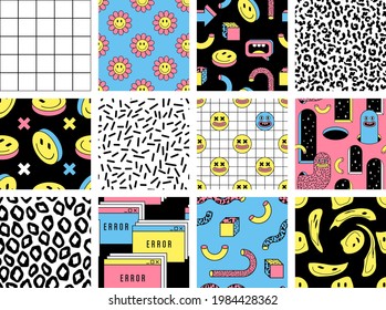 Surreal seamless patterns with emoji, arch, geometric, abstract shapes and other elements for fashion, wallpapers, wrapping, etc. Background set in in trendy psychedelic weird cartoon style.