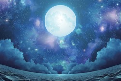Surreal Seascape With Beautiful Nebula, Silver Full Moon And Shimmering Sea Surface In Fisheye View, 3d Illustration