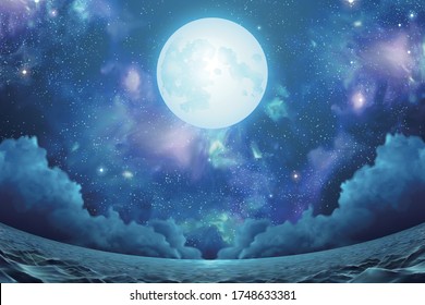 Surreal seascape with beautiful nebula, silver full moon and shimmering sea surface in fisheye view, 3d illustration