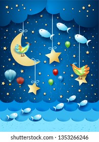 Surreal seascape by night with balloons, birds and flyingh fishes. Vector illustration eps10