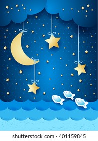 Surreal seascape with moon and stars, vector illustration 