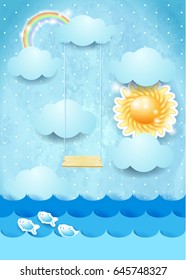 Surreal seascape with sun and swing, vector illustration 