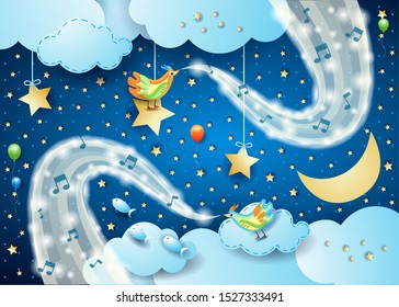 Surreal sky by night with birds, musical notes and waves of sparkles. Vector illustration eps10