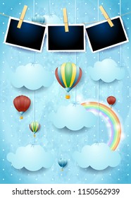 Surreal sky with hot air balloons and photo frames. Vector illustration eps10