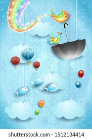 Surreal sky with umbrella, music, birds and rainbow colors. Vector illustration eps10