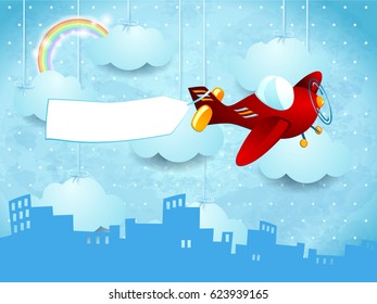 Surreal skyline with hanging clouds, airplane and banner. Vector illustration