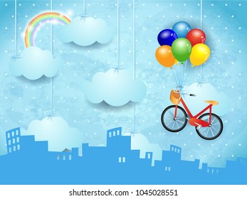 Surreal skyline with hanging clouds and bike. Vector illustration eps10