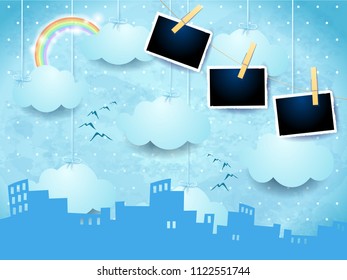 Surreal skyline with rainbow and photo frames, vector illustration eps10