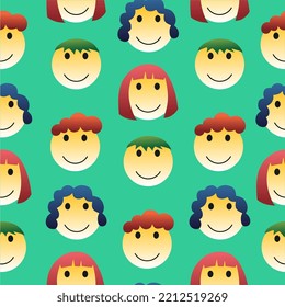 Surreal smile face seamless pattern isolated on green background.
