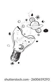 Surreal Space Bulb Coloring Page Printable with Planets and Stars for Kids and Adults