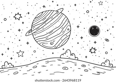 Surreal space with nebula and fantasy planets line illustration backdrop. Crescent moon, nebulae, fantasy sci-fi. Night universe cosmos stars 2D ink outline monochrome background. Lineart vector