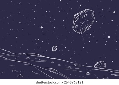 Surreal space with nebula and fantasy planets line illustration backdrop. Crescent moon, nebulae, fantasy sci-fi. Night universe cosmos stars 2D ink outline monochrome background. Lineart vector