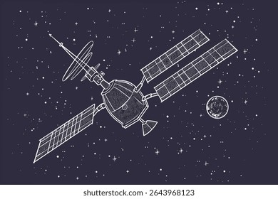 Surreal space with nebula and fantasy planets line illustration backdrop. Crescent moon, nebulae, fantasy sci-fi. Night universe cosmos stars 2D ink outline monochrome background. Lineart vector
