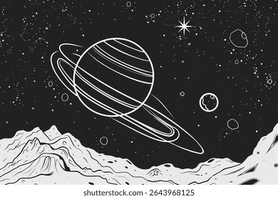 Surreal space with nebula and fantasy planets line illustration backdrop. Crescent moon, nebulae, fantasy sci-fi. Night universe cosmos stars 2D ink outline monochrome background. Lineart vector