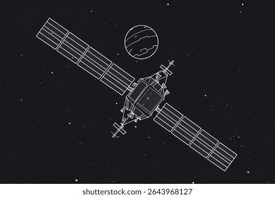 Surreal space with nebula and fantasy planets line illustration backdrop. Crescent moon, nebulae, fantasy sci-fi. Night universe cosmos stars 2D ink outline monochrome background. Lineart vector