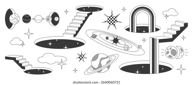 Surreal space portal set with cosmic stairs, celestial door passages and planetary elements. Abstract monochrome universe with floating staircases, mysterious gateways, stars and geometric shapes