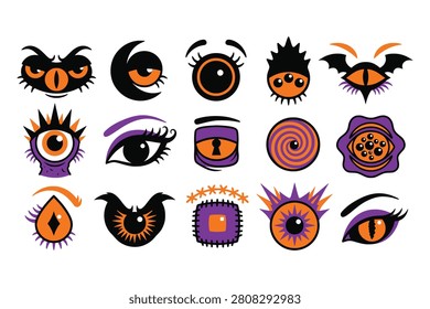 Surreal spooky eyes with lashes and unique pupils. Keyhole bat and spiral eye designs. Strange visual icons set.