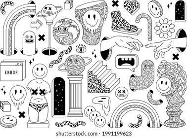 Surreal Sticker Pack With Sculpture, Emoji, Rainbow, Arch, Space, Stairs Etc. Vector Elements Isolated On White Background. Set Of Stickers, Pins, Patches In Trendy Psychedelic Weird Cartoon Style.