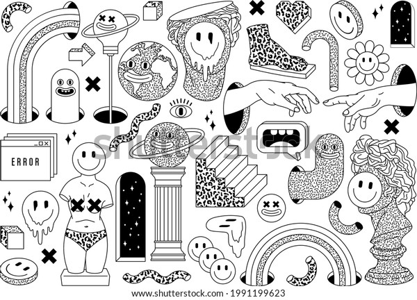 Surreal sticker pack with sculpture, emoji, rainbow, arch, space