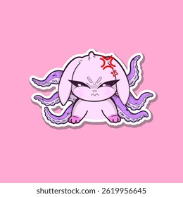 A surreal sticker. Pink bunny with octopus tentacles, displaying a furious and intense expression. Its eyes are narrowed, and its posture radiates anger and tension.
