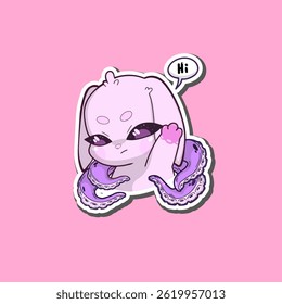 A surreal sticker. Pink bunny with octopus tentacles, raising one tentacle in a friendly greeting gesture. The character stands against a neutral background