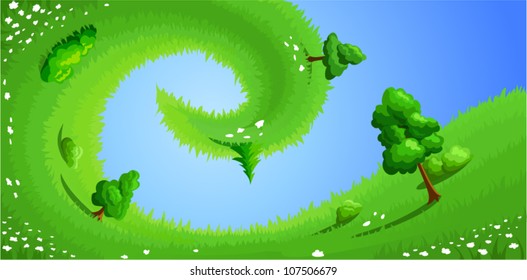 Surreal summer landscape with grass, trees, bushes and flowers. Vector illustration.
