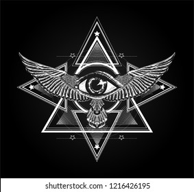 Surreal symbol. Sacred geometry with all seeing eye and wings.Sketch for print t shirt and tattoo art. Ancient symbol. Magic mandala with eye of providence. Alchemy, astrology, astronomy,mystic,occult