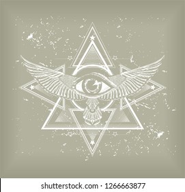 Surreal symbol. Sacred geometry with all seeing eye and wings. Sketch for print t shirt and tattoo art. Ancient symbol. 