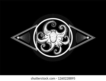 Surreal symbol. Sacred geometry with animal. Round and triangles. Sketch for print t shirt and tattoo art. Magic mandala with tentacles.