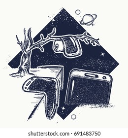 Surreal tattoo. Melted phones on tree branch. Symbol internet of dependence, modern technologies, consumer societies. Surrealism idea t-shirt design 