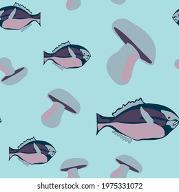 a surreal textile pattern in cool shades of blue. purple and blue in a pattern for children's clothing. fish and mushrooms in various shades of blue and purple