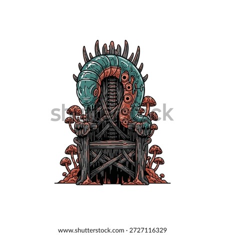 A surreal throne illustration featuring a caterpillar design, blending organic and structural elements in a unique and imaginative composition.